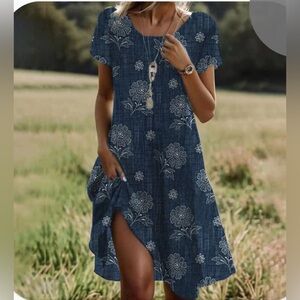 Blue Short Sleeved Floral Print Midi Dress